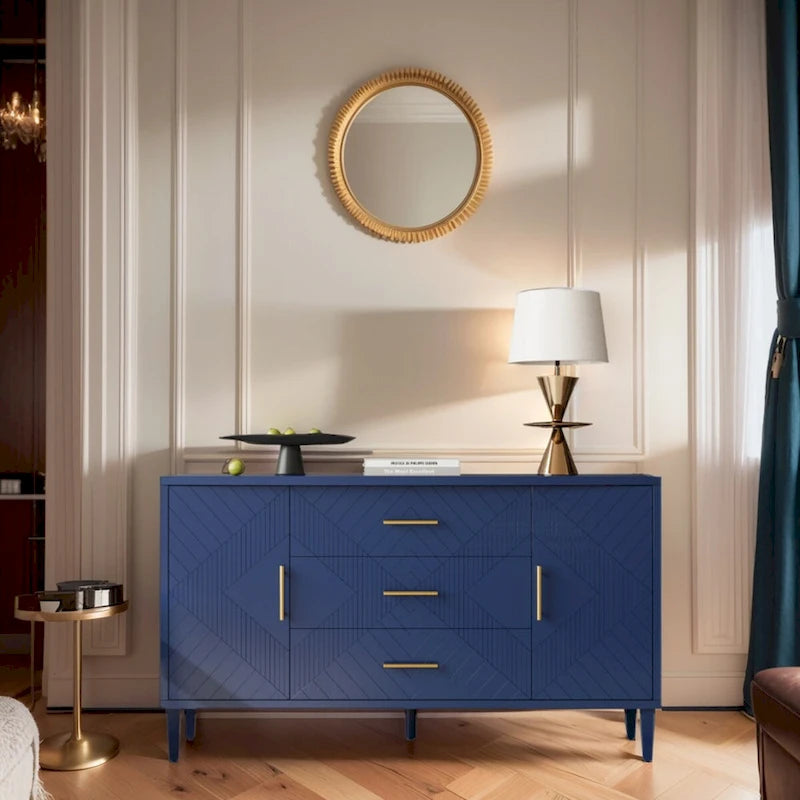 Bahut deux portes trois tiroirs bleu marine avec placage bois MDF sculpté, poignées dorées et plateau incurvé