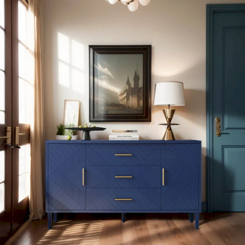 Bahut deux portes trois tiroirs bleu marine avec placage bois MDF sculpté, poignées dorées et plateau incurvé