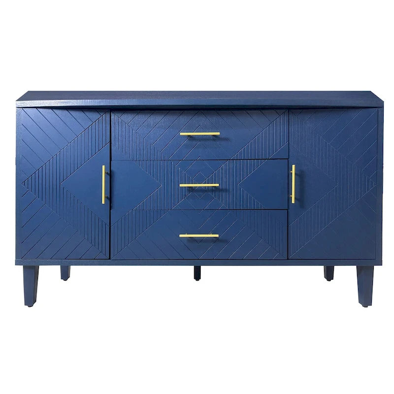 Bahut deux portes trois tiroirs bleu marine avec placage bois MDF sculpté, poignées dorées et plateau incurvé