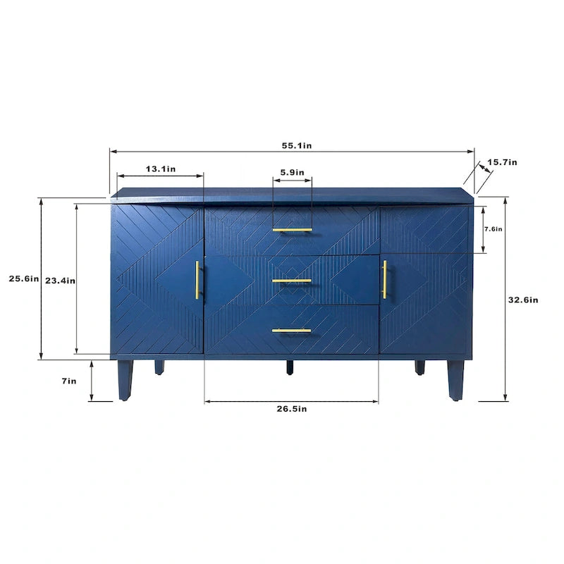 Bahut deux portes trois tiroirs bleu marine avec placage bois MDF sculpté, poignées dorées et plateau incurvé