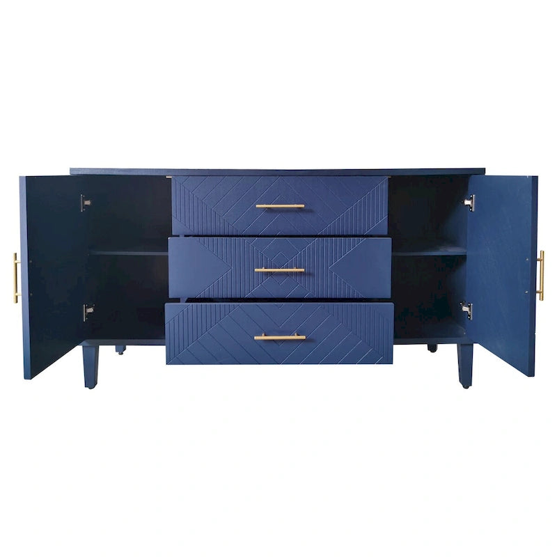Bahut deux portes trois tiroirs bleu marine avec placage bois MDF sculpté, poignées dorées et plateau incurvé
