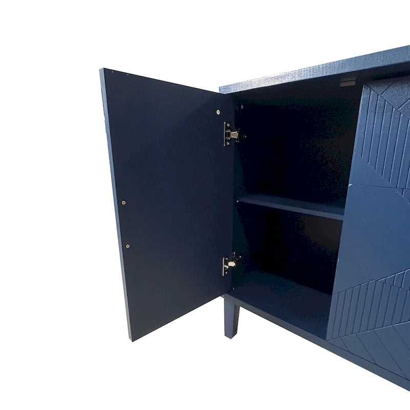 Bahut deux portes trois tiroirs bleu marine avec placage bois MDF sculpté, poignées dorées et plateau incurvé