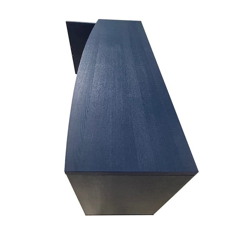 Bahut deux portes trois tiroirs bleu marine avec placage bois MDF sculpté, poignées dorées et plateau incurvé