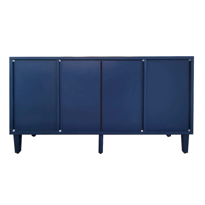 Bahut deux portes trois tiroirs bleu marine avec placage bois MDF sculpté, poignées dorées et plateau incurvé