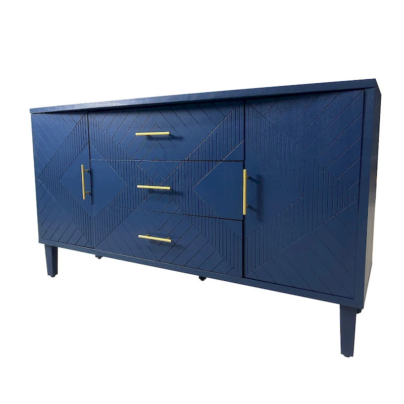 Bahut deux portes trois tiroirs bleu marine avec placage bois MDF sculpté, poignées dorées et plateau incurvé