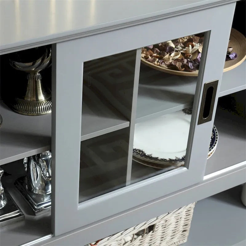 Buffet gris avec portes en verre trempé, étagères réglables et passe-câbles