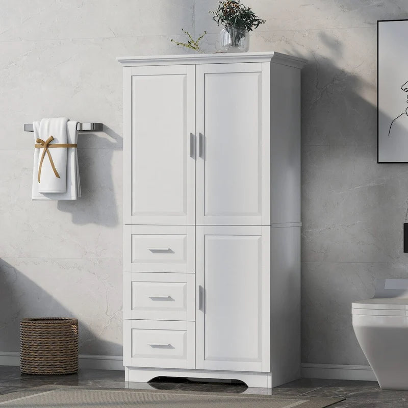 Armoire de rangement de salle de bain haute blanche, deux portes supérieures, trois tiroirs, porte inférieure
