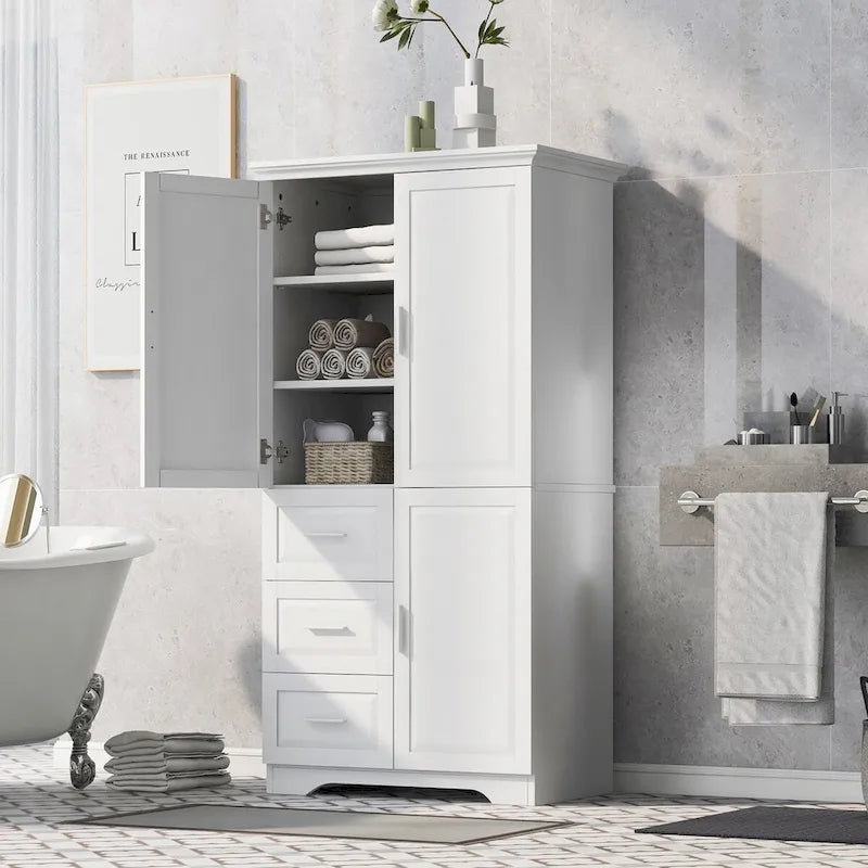 Armoire de rangement de salle de bain haute blanche, deux portes supérieures, trois tiroirs, porte inférieure