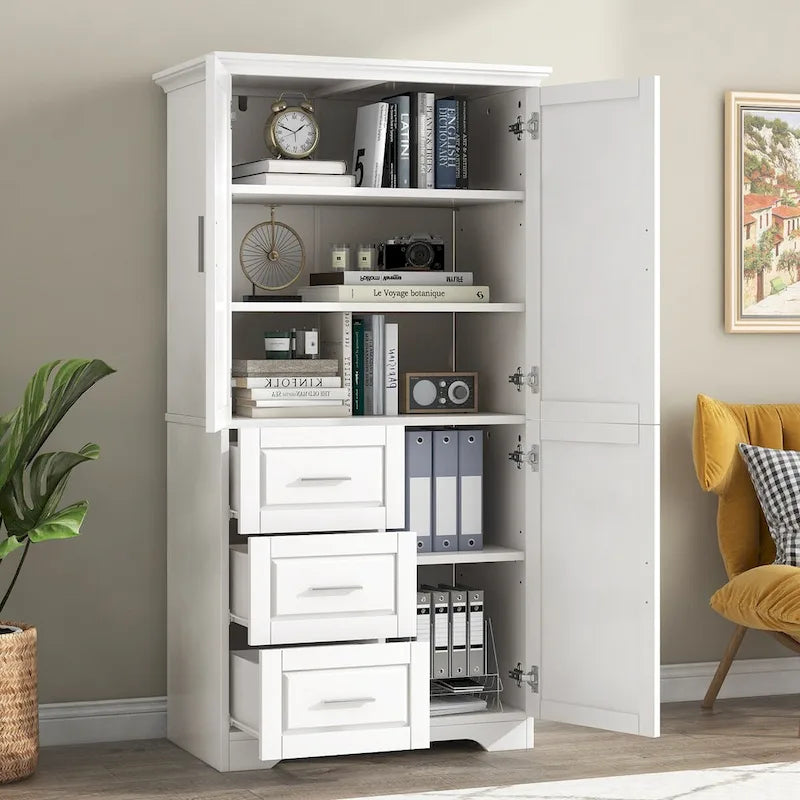 Armoire de rangement de salle de bain haute blanche, deux portes supérieures, trois tiroirs, porte inférieure