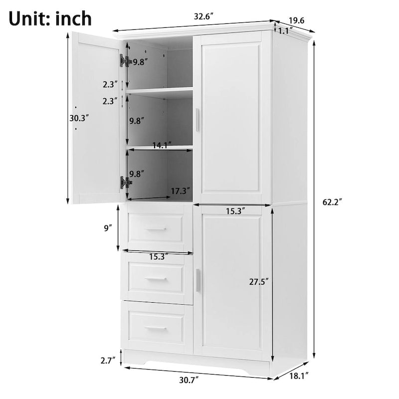 Armoire de rangement de salle de bain haute blanche, deux portes supérieures, trois tiroirs, porte inférieure