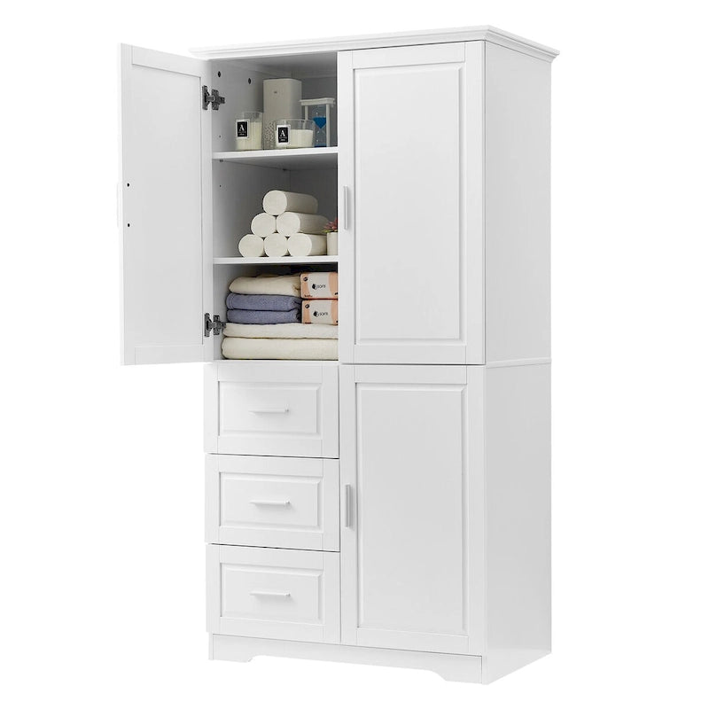 Armoire de rangement de salle de bain haute blanche, deux portes supérieures, trois tiroirs, porte inférieure