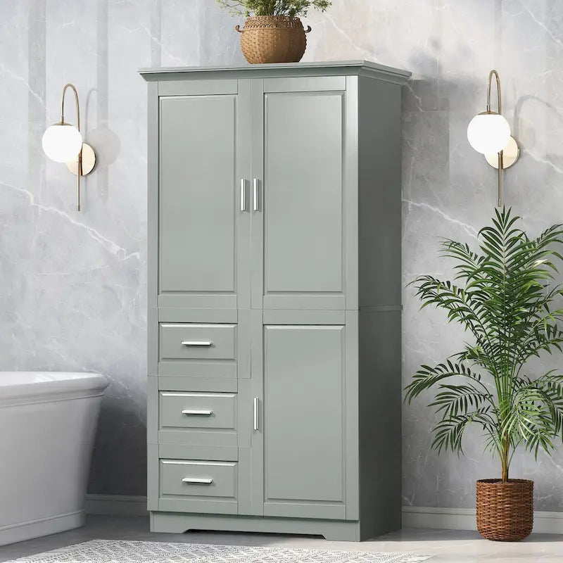 Armoire de rangement de salle de bain haute blanche, deux portes supérieures, trois tiroirs, porte inférieure