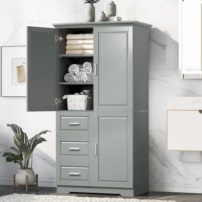 Armoire de rangement de salle de bain haute blanche, deux portes supérieures, trois tiroirs, porte inférieure