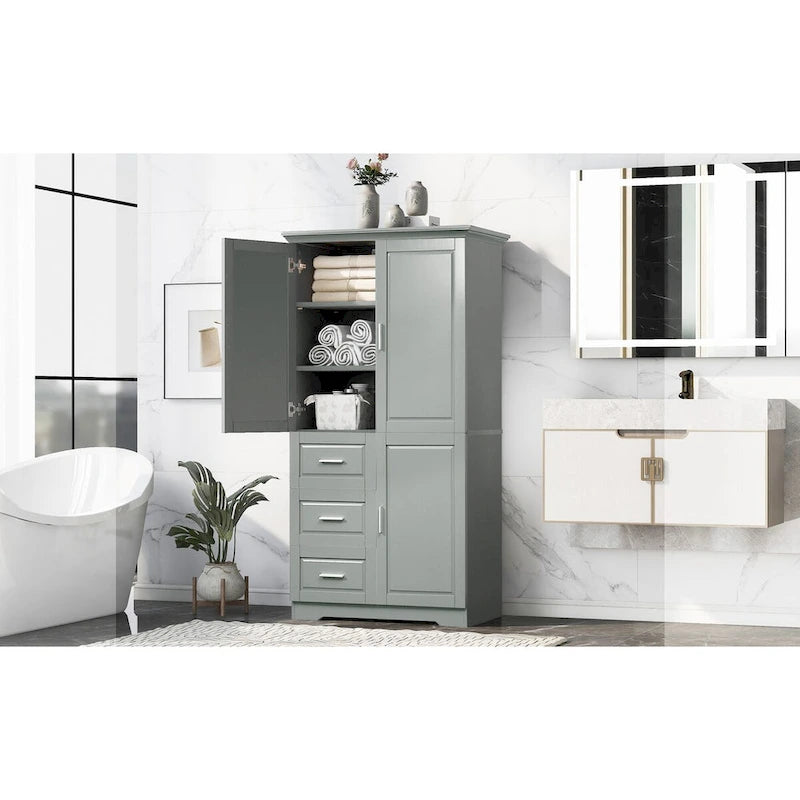 Armoire de rangement de salle de bain haute blanche, deux portes supérieures, trois tiroirs, porte inférieure