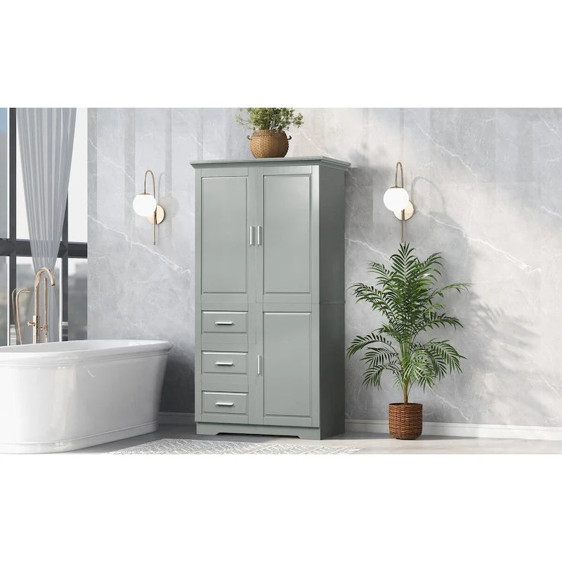 Armoire de rangement de salle de bain haute blanche, deux portes supérieures, trois tiroirs, porte inférieure