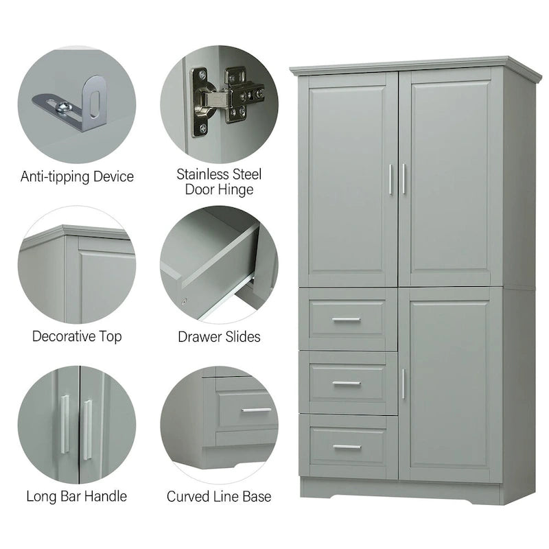 Armoire de rangement de salle de bain haute blanche, deux portes supérieures, trois tiroirs, porte inférieure