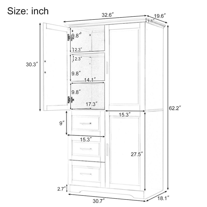 Armoire de rangement de salle de bain haute blanche, deux portes supérieures, trois tiroirs, porte inférieure
