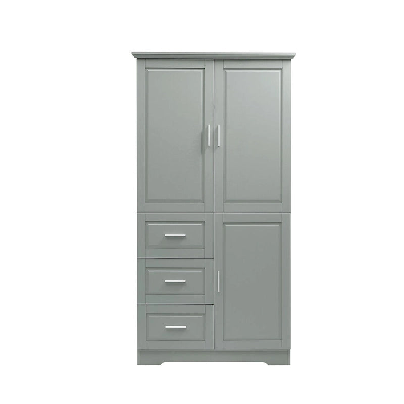 Armoire de rangement de salle de bain haute blanche, deux portes supérieures, trois tiroirs, porte inférieure