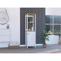Meuble de salle de bain haut blanc pour linge de maison, deux étagères ouvertes, une porte, quatre pieds, accents en chêne clair