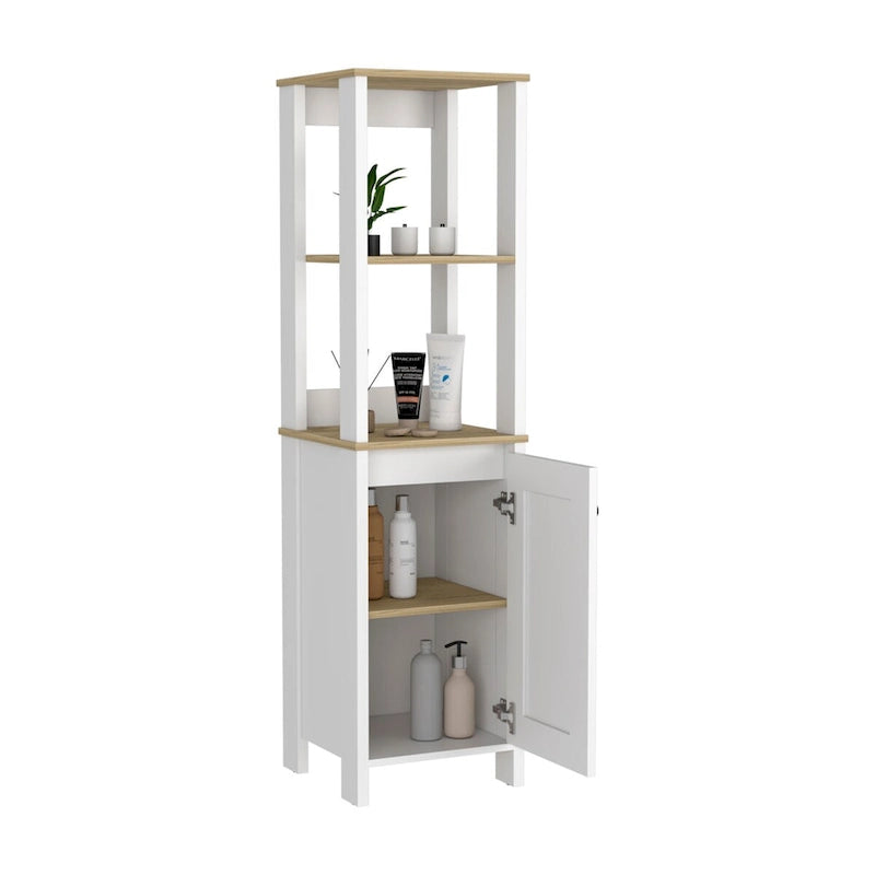 Meuble de salle de bain haut blanc pour linge de maison, deux étagères ouvertes, une porte, quatre pieds, accents en chêne clair