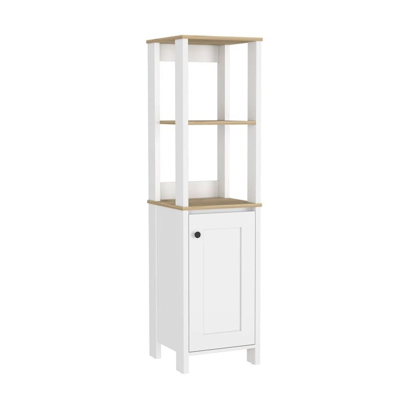 Meuble de salle de bain haut blanc pour linge de maison, deux étagères ouvertes, une porte, quatre pieds, accents en chêne clair