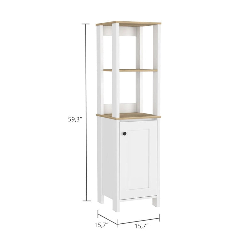Meuble de salle de bain haut blanc pour linge de maison, deux étagères ouvertes, une porte, quatre pieds, accents en chêne clair