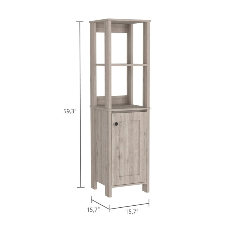 Meuble de salle de bain haut blanc pour linge de maison, deux étagères ouvertes, une porte, quatre pieds, accents en chêne clair