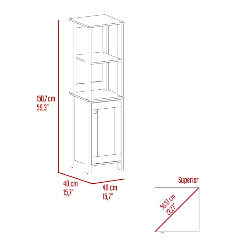 Meuble de salle de bain haut blanc pour linge de maison, deux étagères ouvertes, une porte, quatre pieds, accents en chêne clair