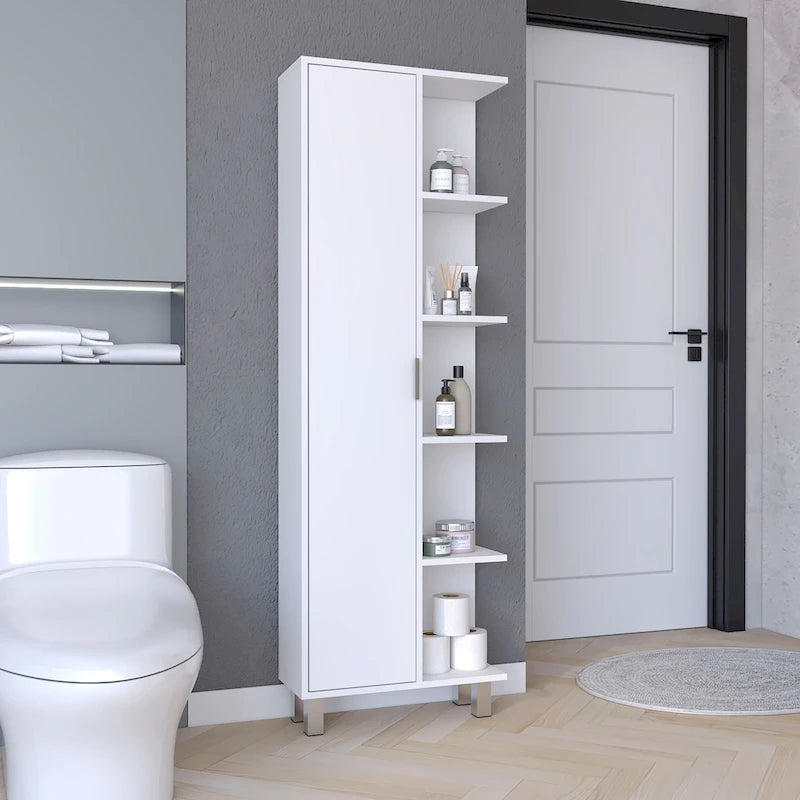 Meuble de Rangement Salle de Bain Haut Blanc avec Une Porte et Quatre Étagères Latérales Ouvertes