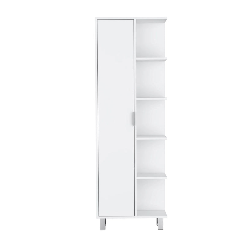 Meuble de Rangement Salle de Bain Haut Blanc avec Une Porte et Quatre Étagères Latérales Ouvertes