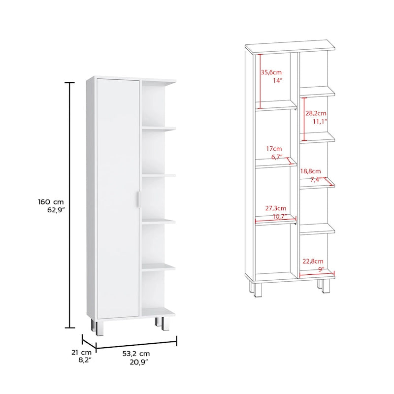Meuble de Rangement Salle de Bain Haut Blanc avec Une Porte et Quatre Étagères Latérales Ouvertes