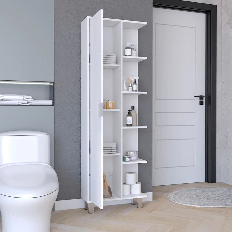 Meuble de Rangement Salle de Bain Haut Blanc avec Une Porte et Quatre Étagères Latérales Ouvertes
