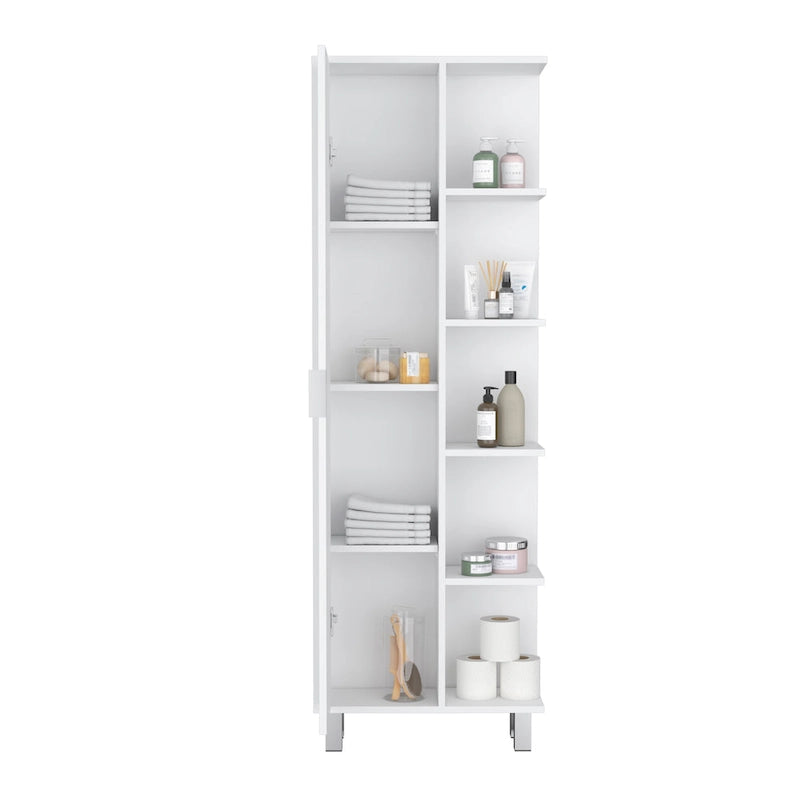 Meuble de Rangement Salle de Bain Haut Blanc avec Une Porte et Quatre Étagères Latérales Ouvertes