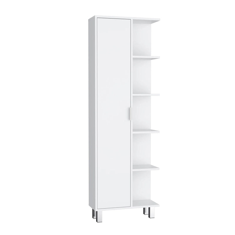 Meuble de Rangement Salle de Bain Haut Blanc avec Une Porte et Quatre Étagères Latérales Ouvertes