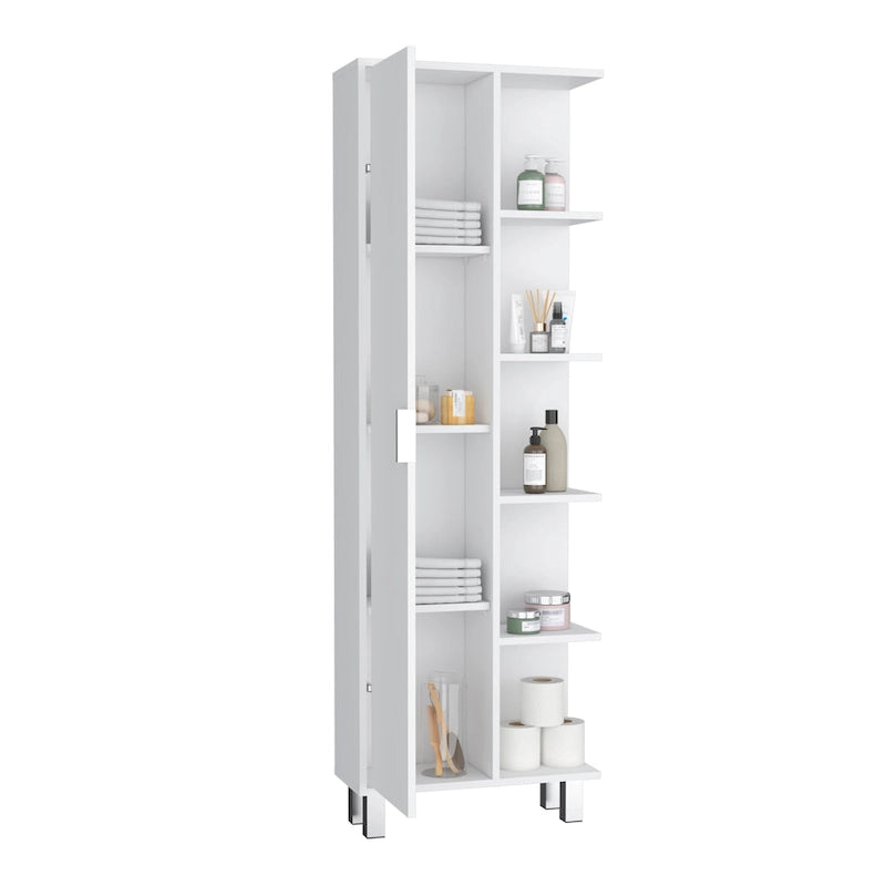 Meuble de Rangement Salle de Bain Haut Blanc avec Une Porte et Quatre Étagères Latérales Ouvertes