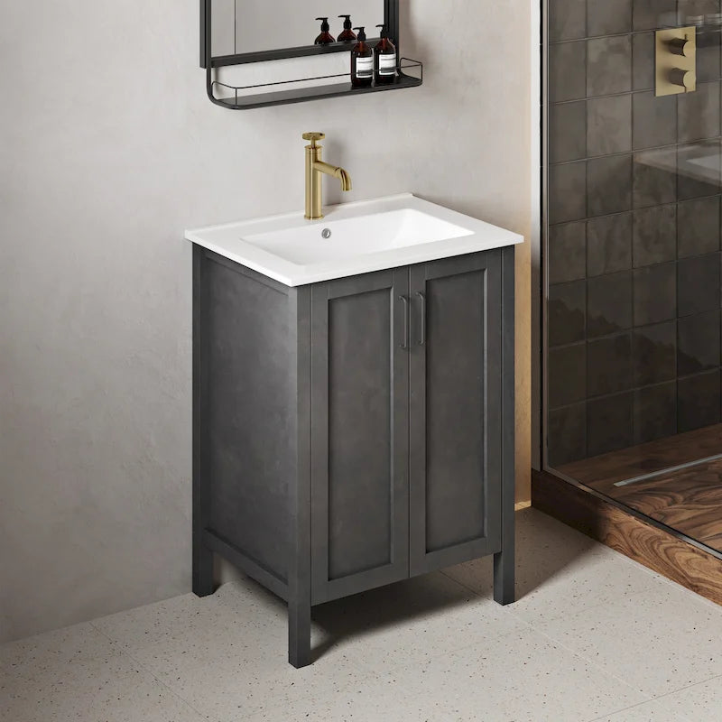 Meuble-lavabo autoportant noir de 24 pouces avec lavabo en céramique, deux portes à fermeture amortie, panneau arrière ouvert pour la plomberie