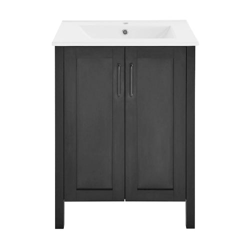 Meuble-lavabo autoportant noir de 24 pouces avec lavabo en céramique, deux portes à fermeture amortie, panneau arrière ouvert pour la plomberie