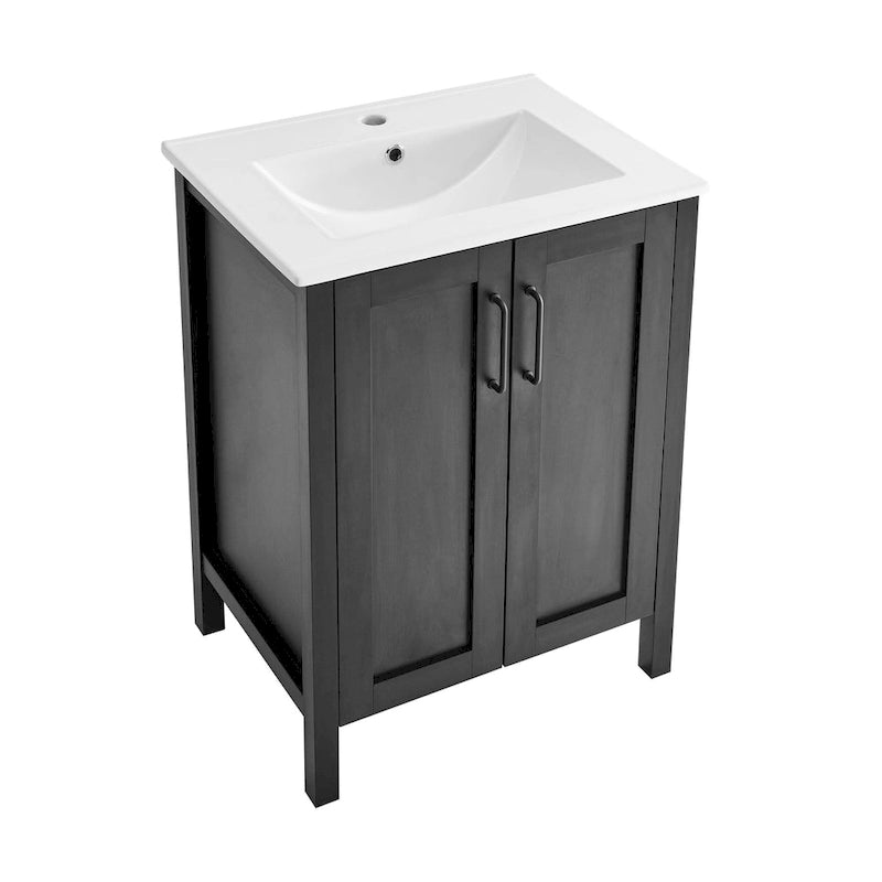 Meuble-lavabo autoportant noir de 24 pouces avec lavabo en céramique, deux portes à fermeture amortie, panneau arrière ouvert pour la plomberie