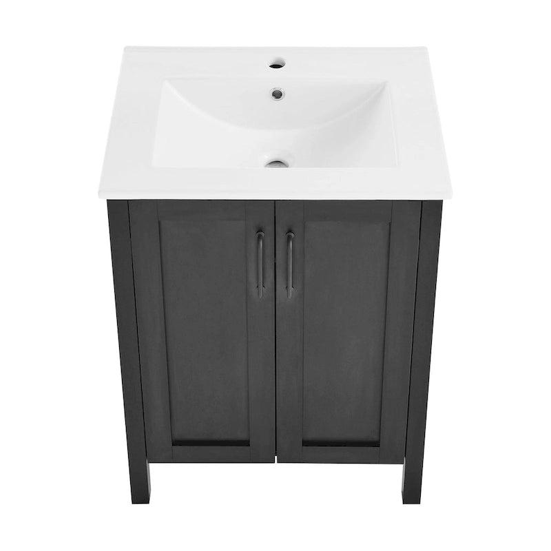Meuble-lavabo autoportant noir de 24 pouces avec lavabo en céramique, deux portes à fermeture amortie, panneau arrière ouvert pour la plomberie