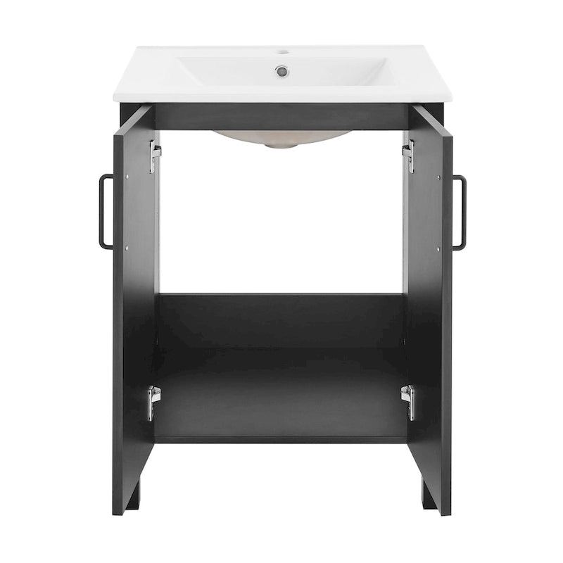 Meuble-lavabo autoportant noir de 24 pouces avec lavabo en céramique, deux portes à fermeture amortie, panneau arrière ouvert pour la plomberie