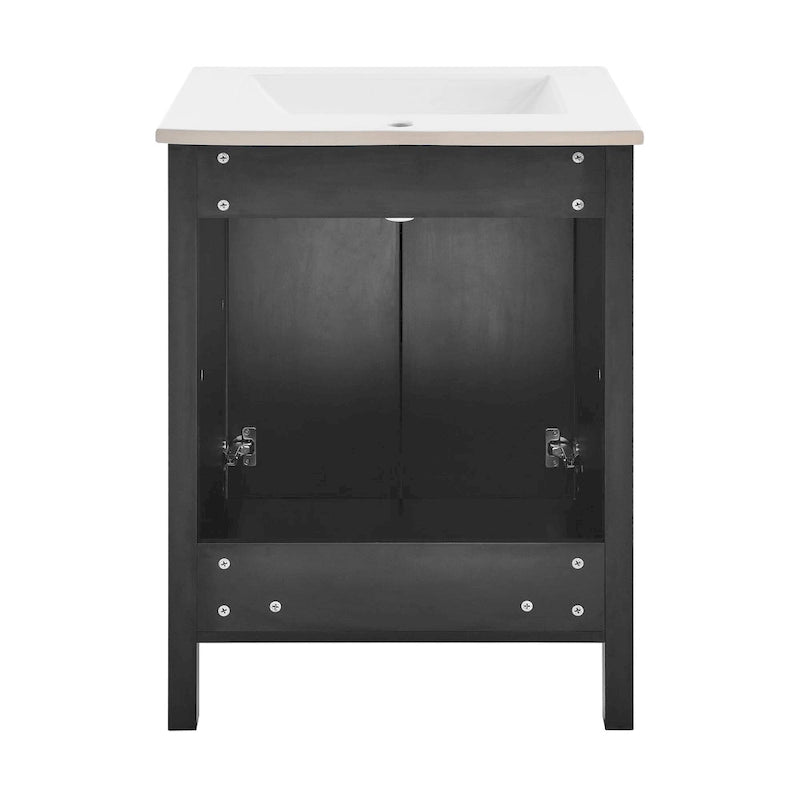 Meuble-lavabo autoportant noir de 24 pouces avec lavabo en céramique, deux portes à fermeture amortie, panneau arrière ouvert pour la plomberie