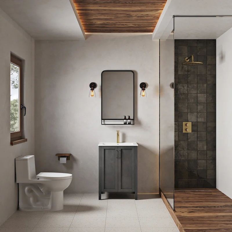 Meuble-lavabo autoportant noir de 24 pouces avec lavabo en céramique, deux portes à fermeture amortie, panneau arrière ouvert pour la plomberie