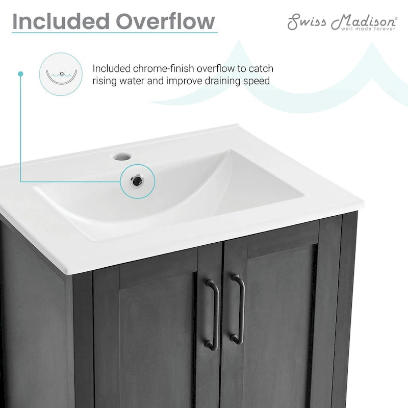 Meuble-lavabo autoportant noir de 24 pouces avec lavabo en céramique, deux portes à fermeture amortie, panneau arrière ouvert pour la plomberie