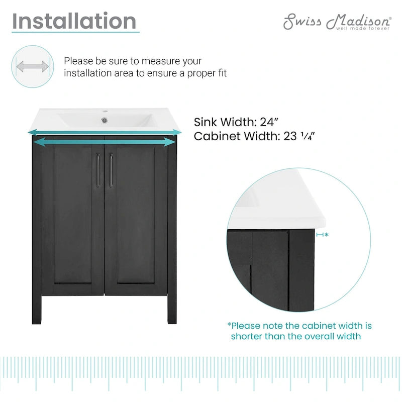 Meuble-lavabo autoportant noir de 24 pouces avec lavabo en céramique, deux portes à fermeture amortie, panneau arrière ouvert pour la plomberie