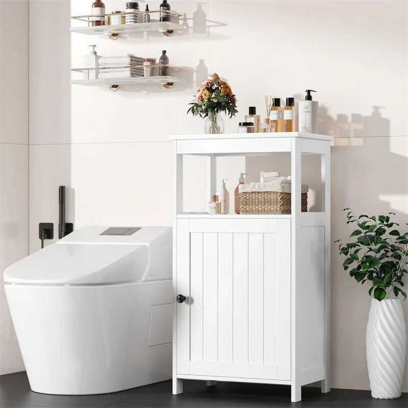 Meuble bas de salle de bain blanc avec étagère ouverte et porte simple, étagère intérieure réglable