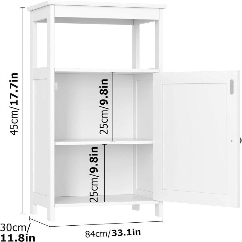 Meuble bas de salle de bain blanc avec étagère ouverte et porte simple, étagère intérieure réglable