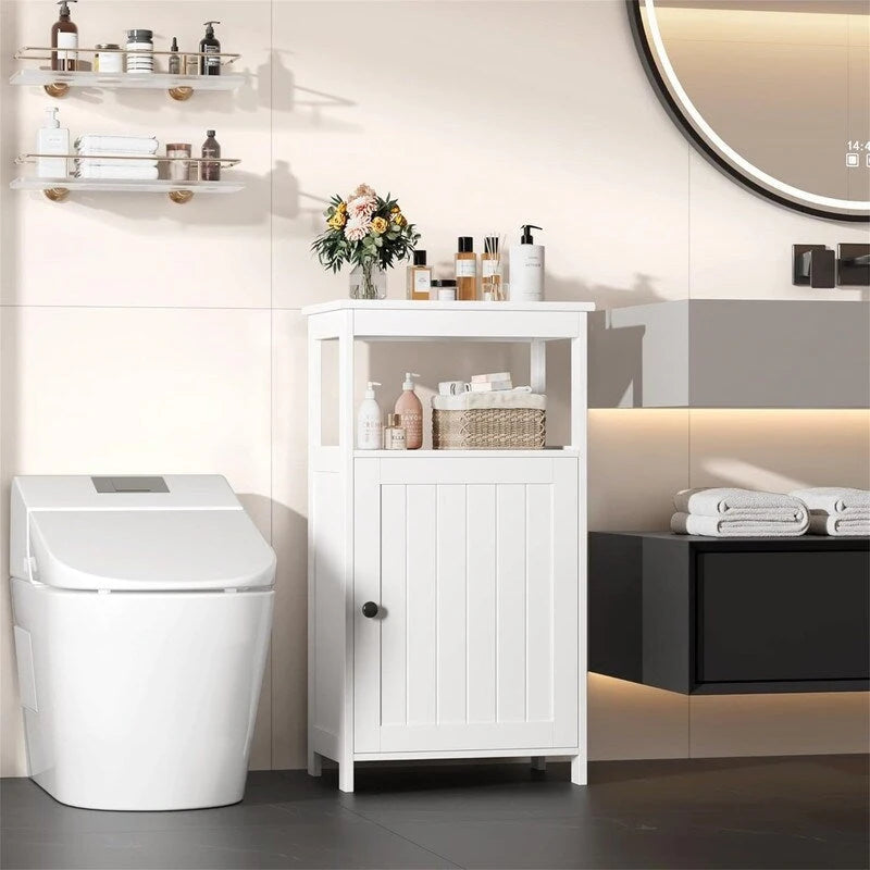 Meuble bas de salle de bain blanc avec étagère ouverte et porte simple, étagère intérieure réglable