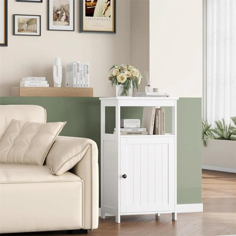 Meuble bas de salle de bain blanc avec étagère ouverte et porte simple, étagère intérieure réglable