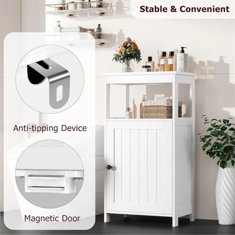 Meuble bas de salle de bain blanc avec étagère ouverte et porte simple, étagère intérieure réglable
