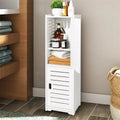 Meuble de salle de bain sur pied blanc, étroit, deux étagères ouvertes, porte à persiennes, PVC étanche